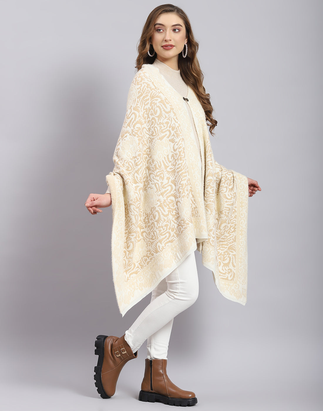 Women Beige Self Design Stole