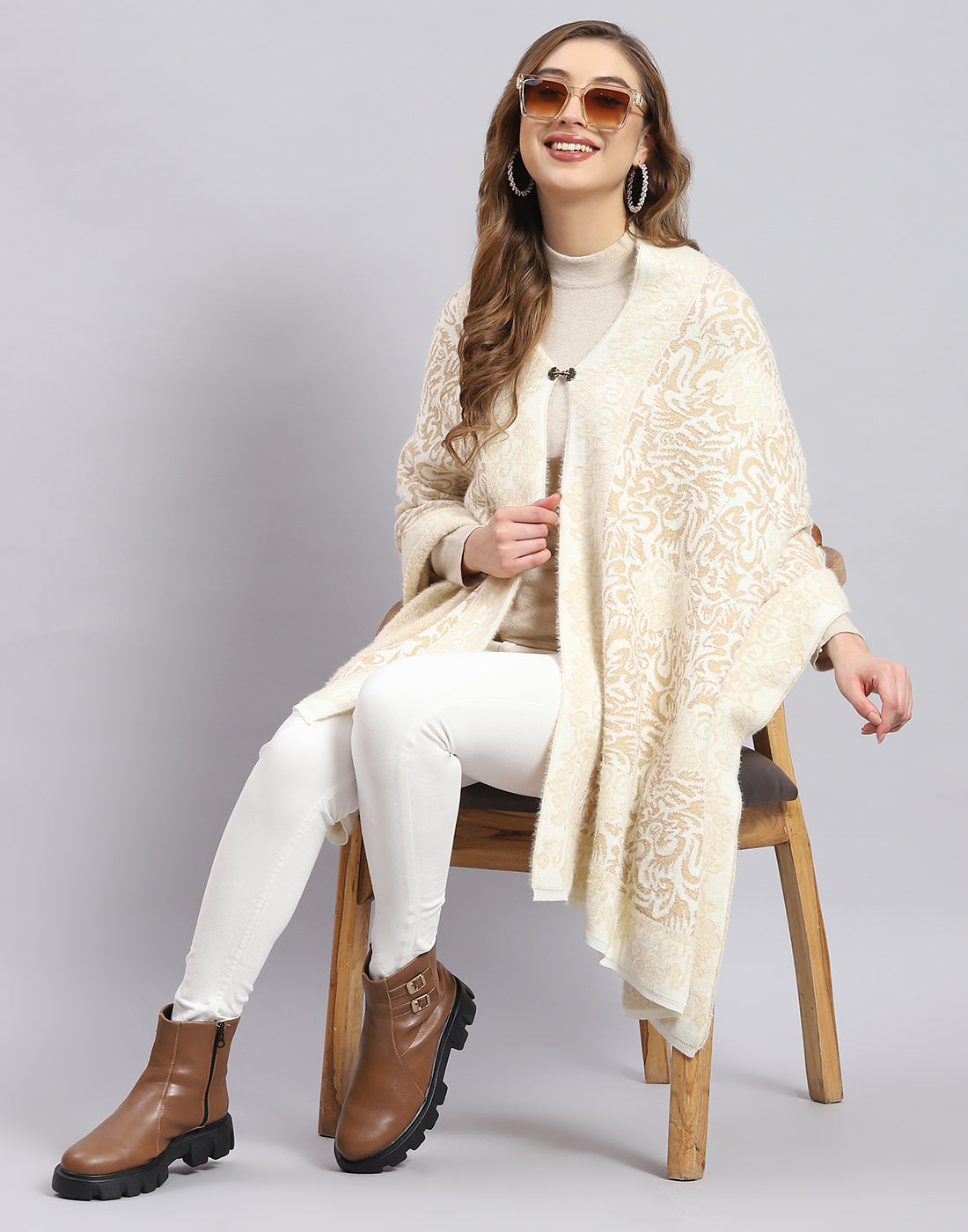 Women Beige Self Design Stole