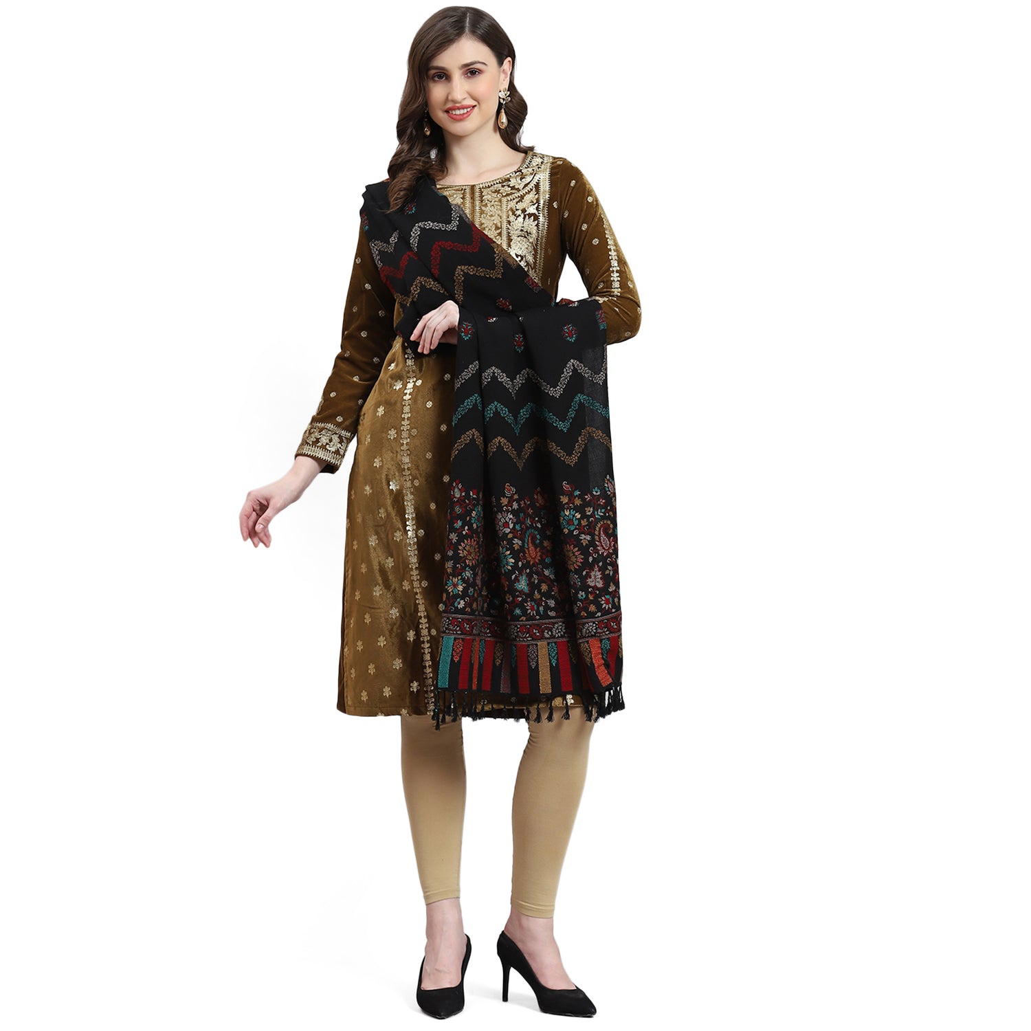 Women Black Self Design Stole