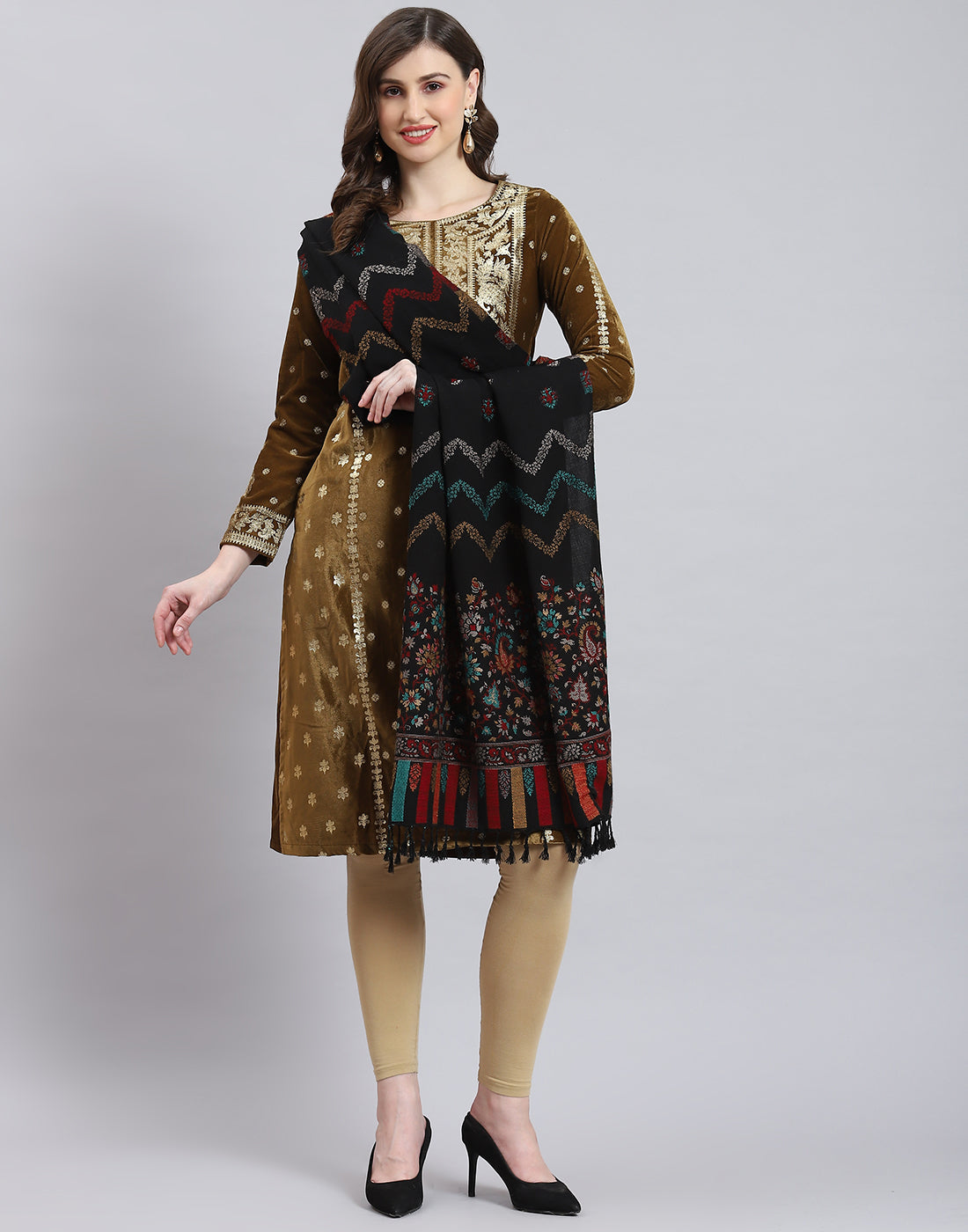 Women Black Self Design Stole