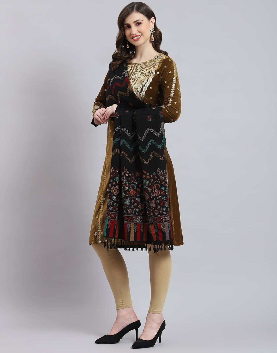 Women Black Self Design Stole