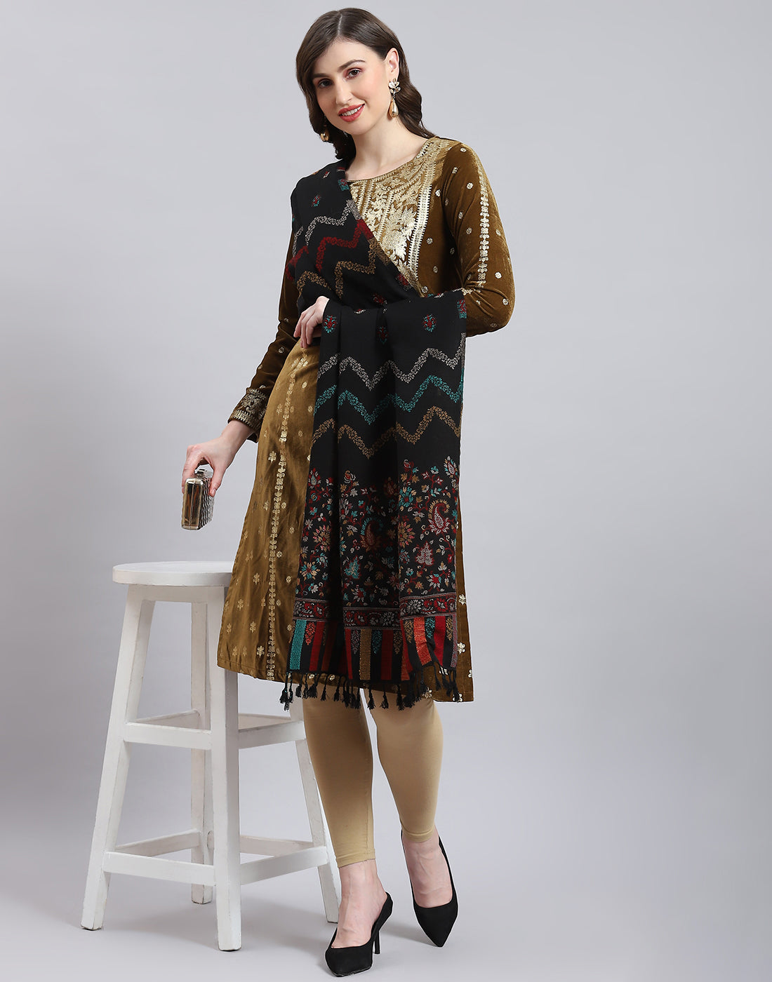 Women Black Self Design Stole