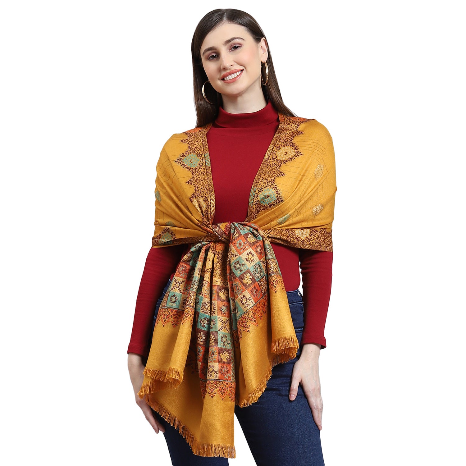 Women Mustard Self Design Stole