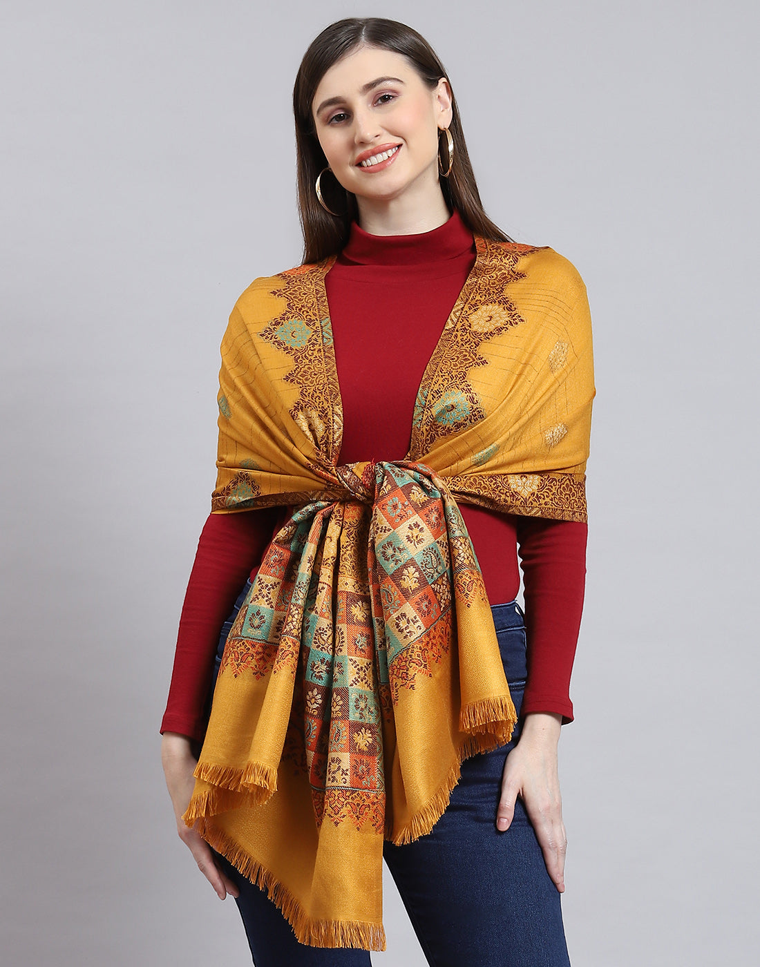 Women Mustard Self Design Stole