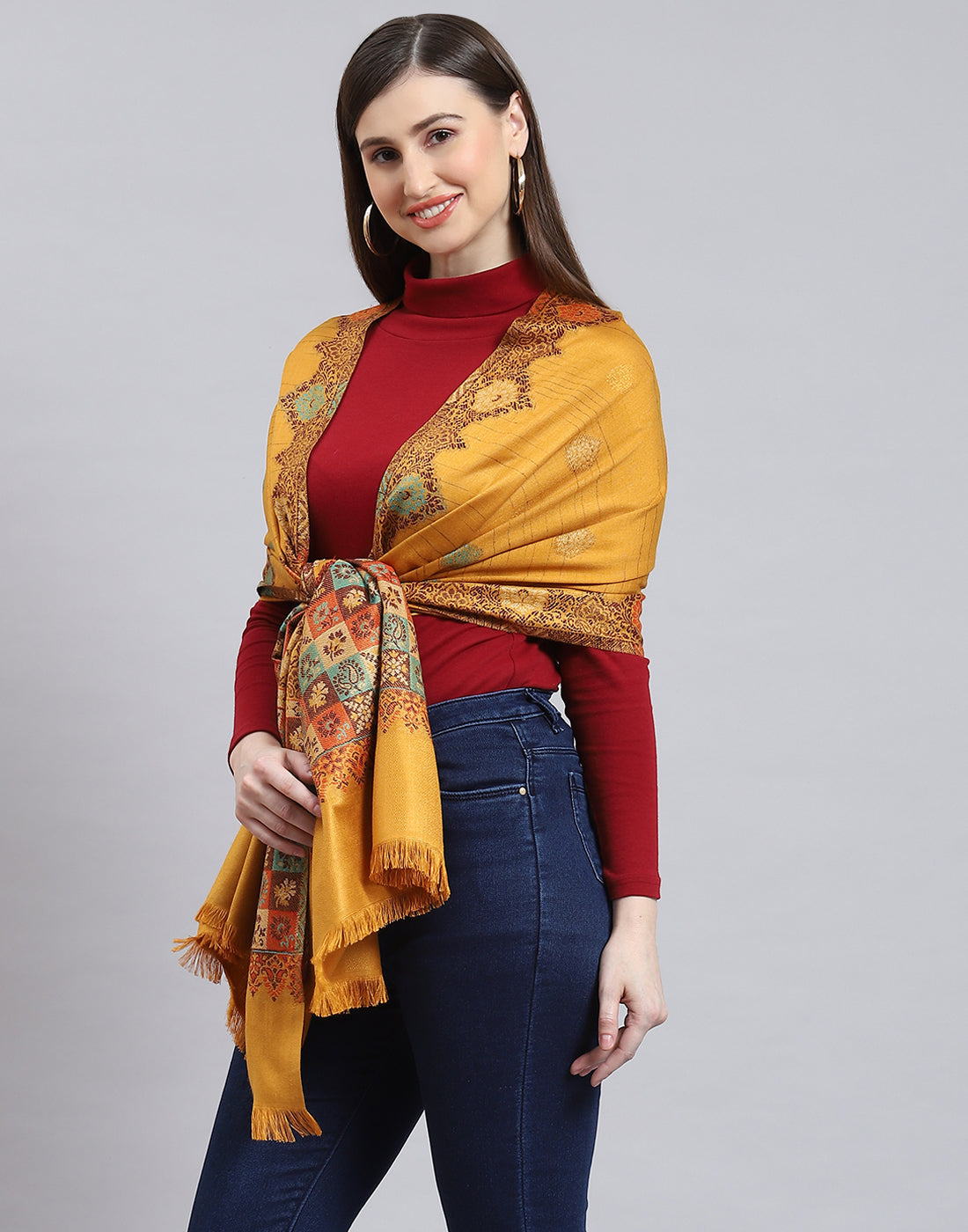 Women Mustard Self Design Stole