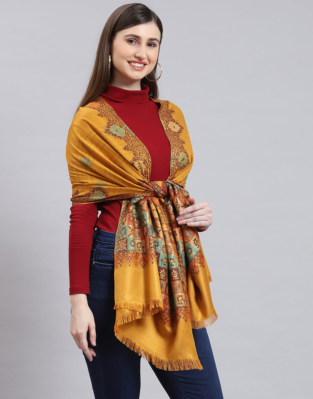 Women Mustard Self Design Stole