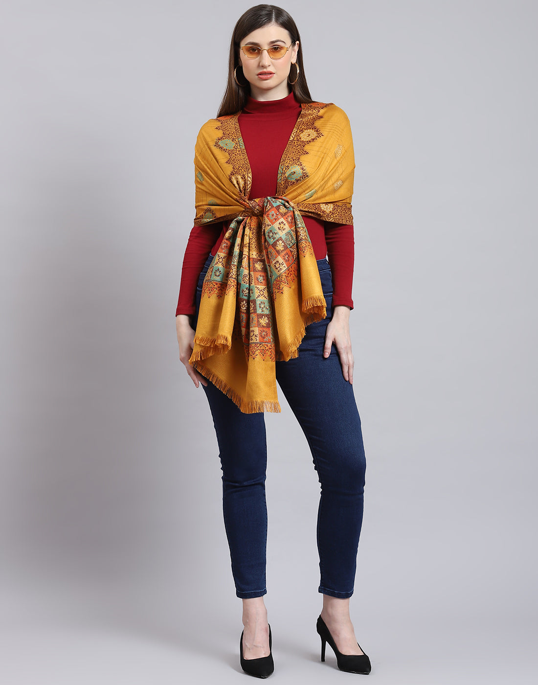 Women Mustard Self Design Stole