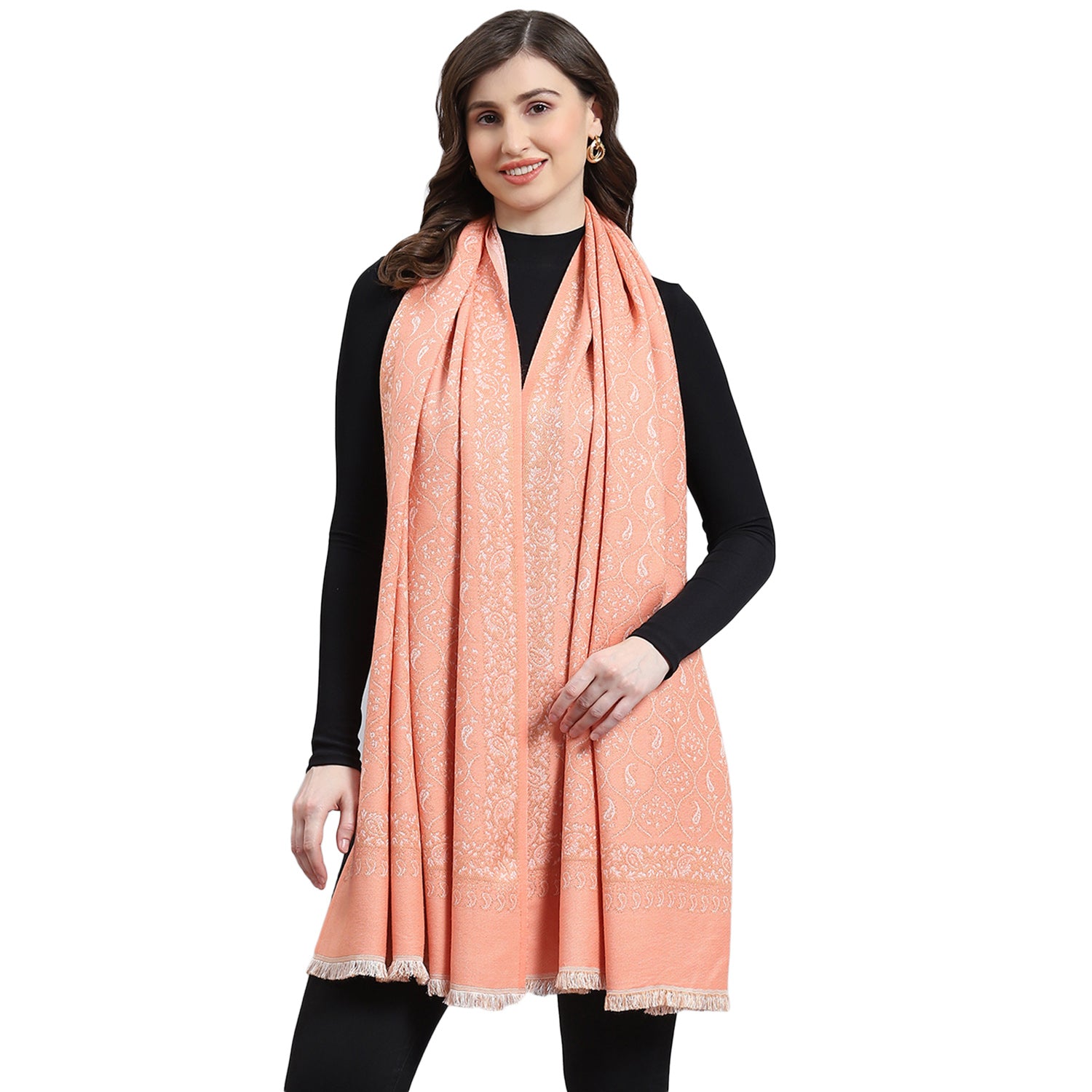 Women Peach Self Design Stole
