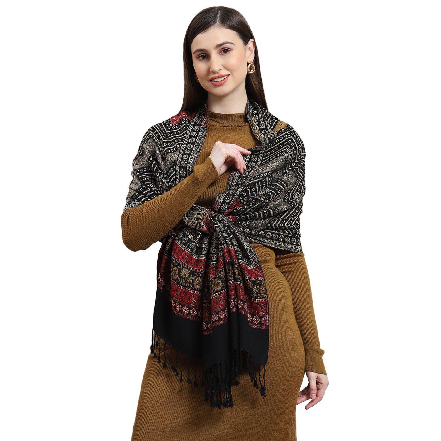 Women Black Self Design Stole