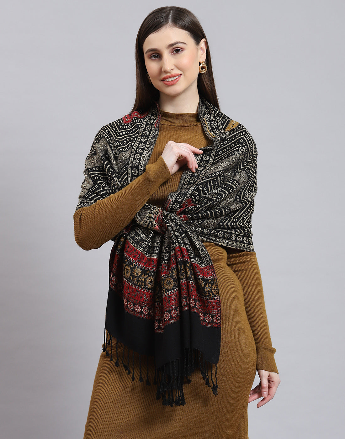 Women Black Self Design Stole