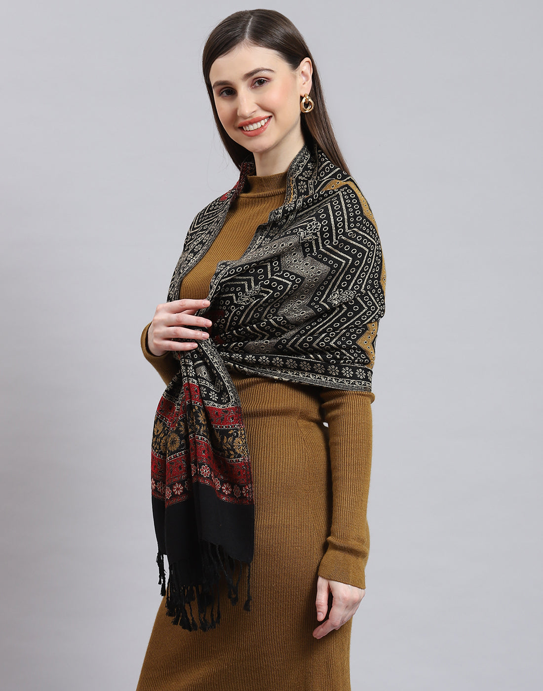 Women Black Self Design Stole