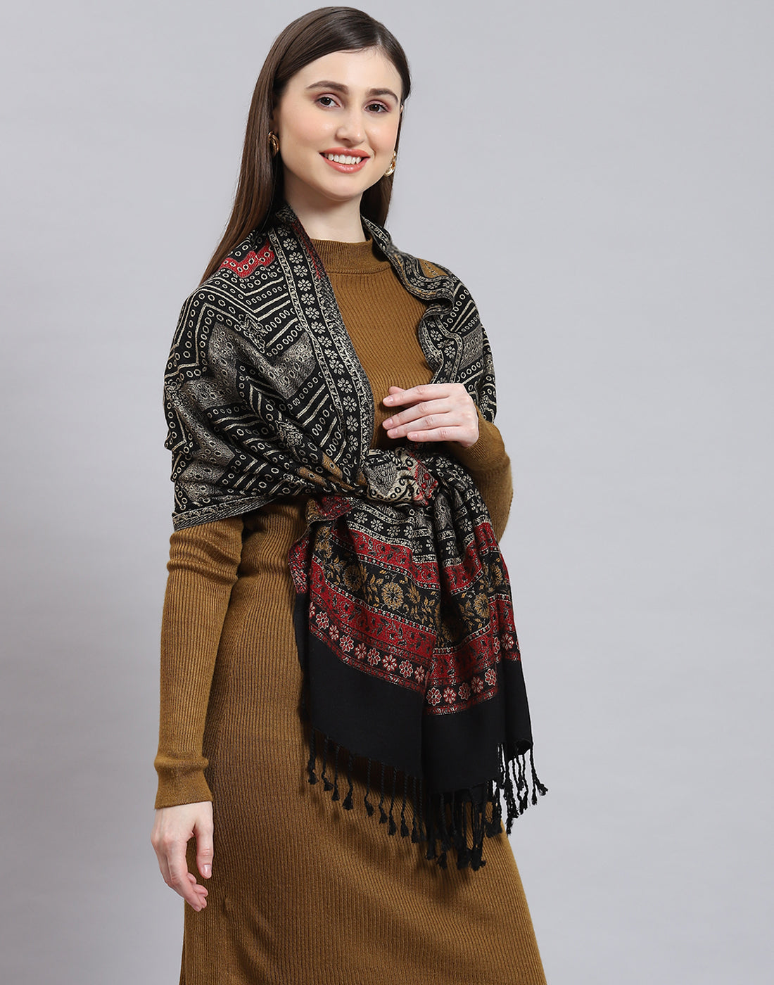 Women Black Self Design Stole