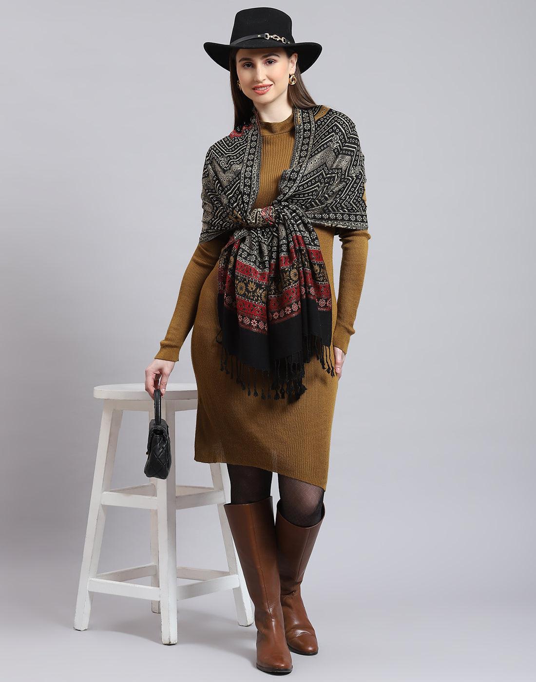 Women Black Self Design Stole