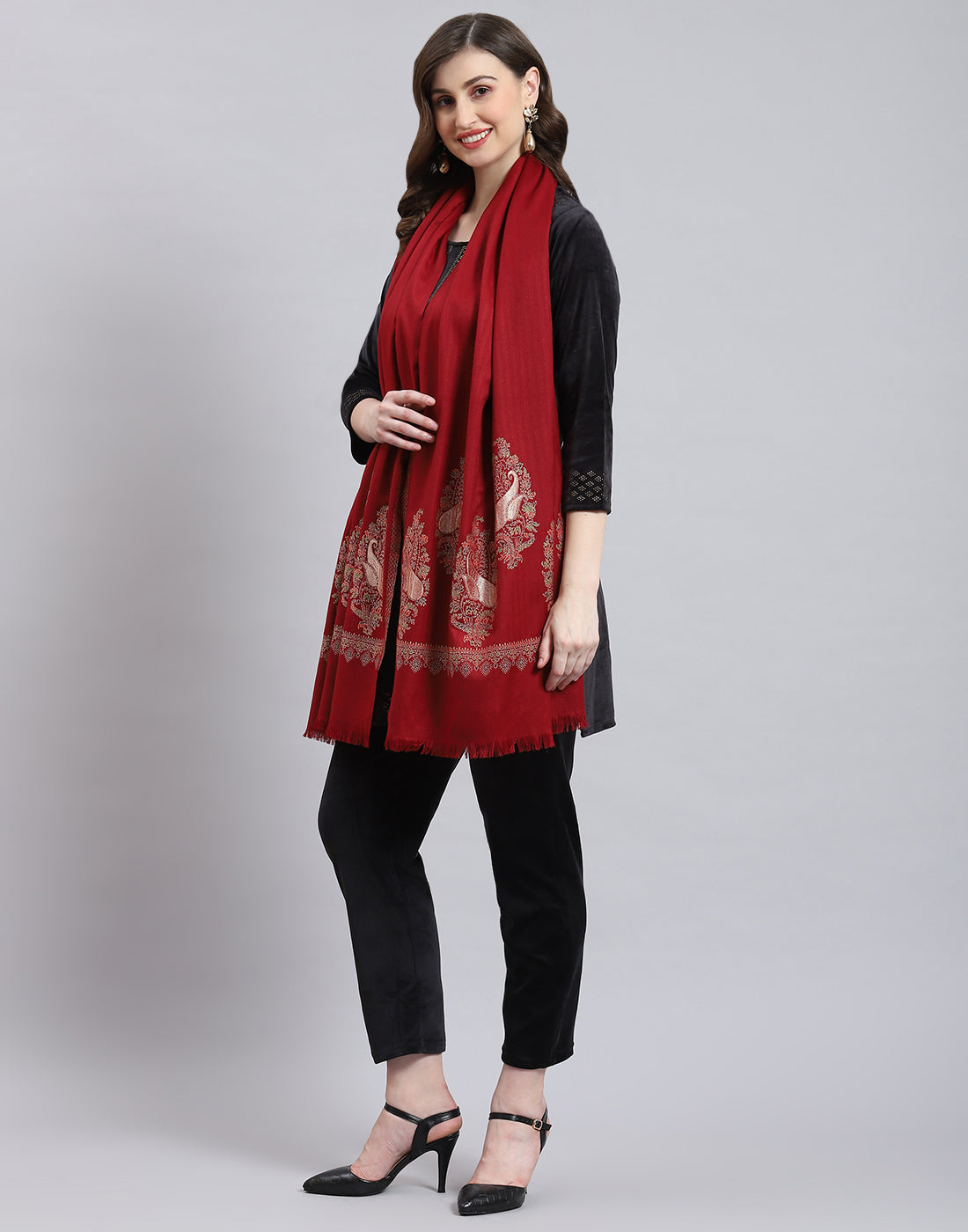 Women Maroon Self Design Stole