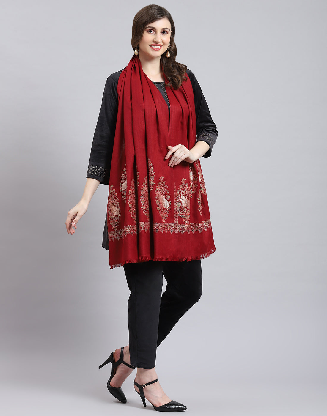 Women Maroon Self Design Stole
