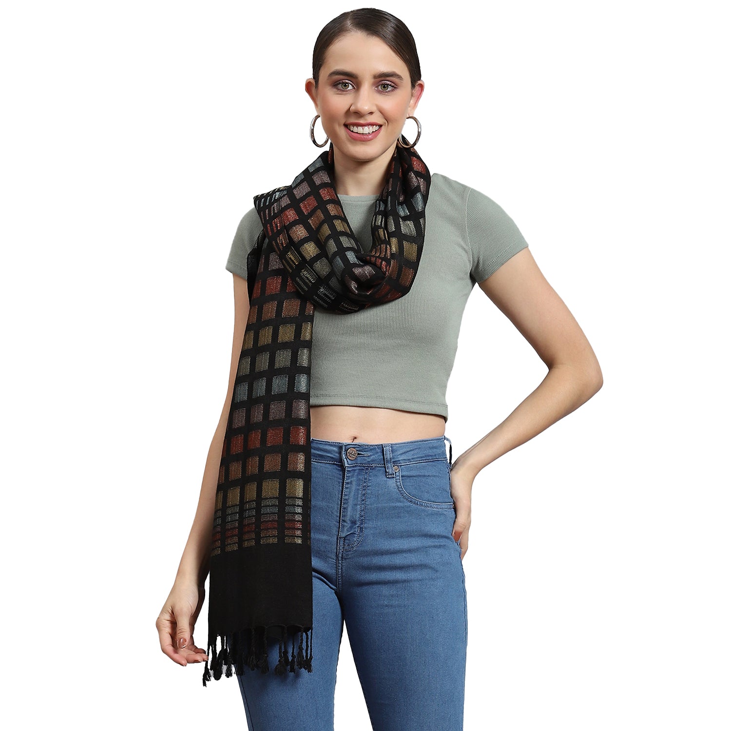 Women Black Self Design Stole