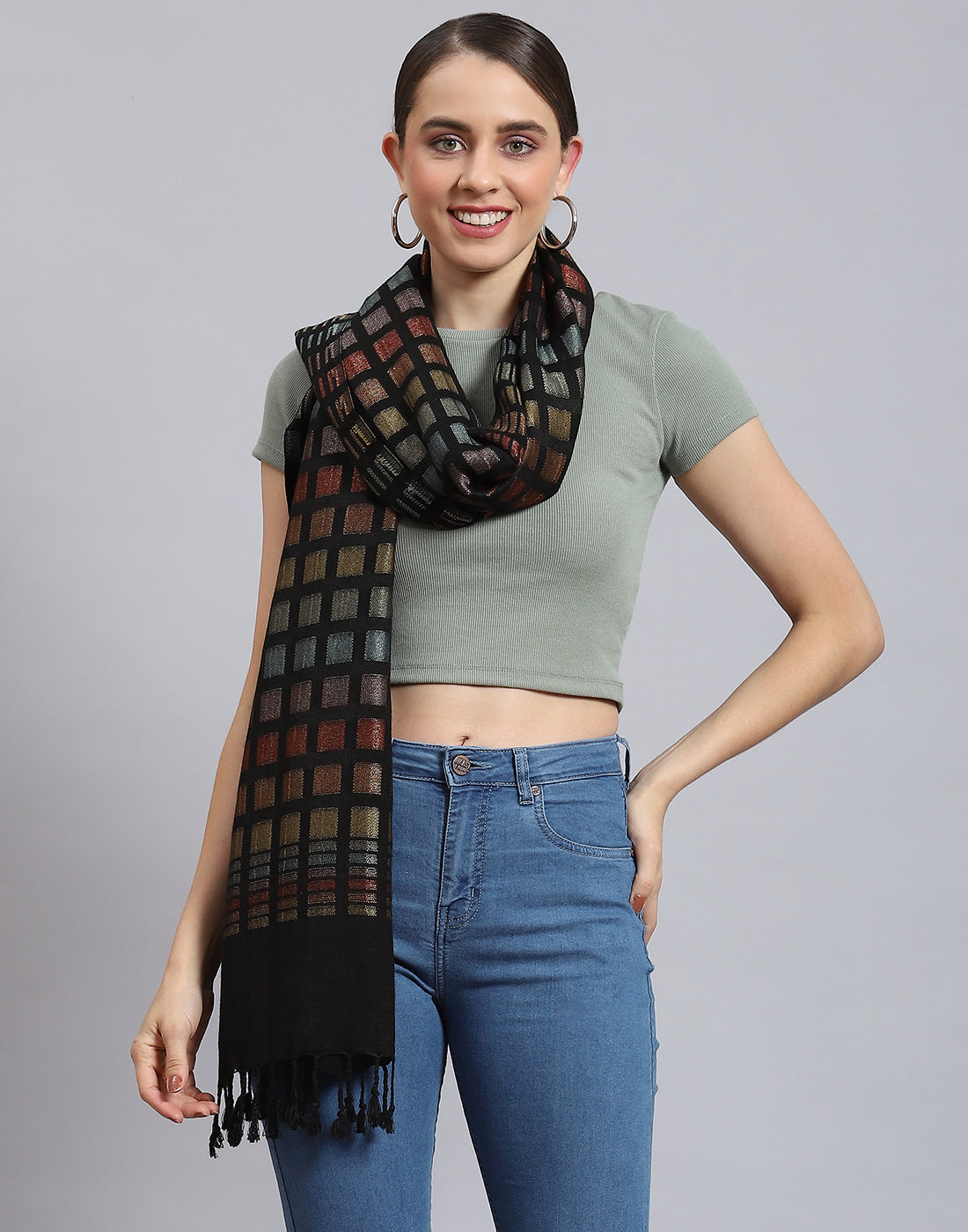 Women Black Self Design Stole