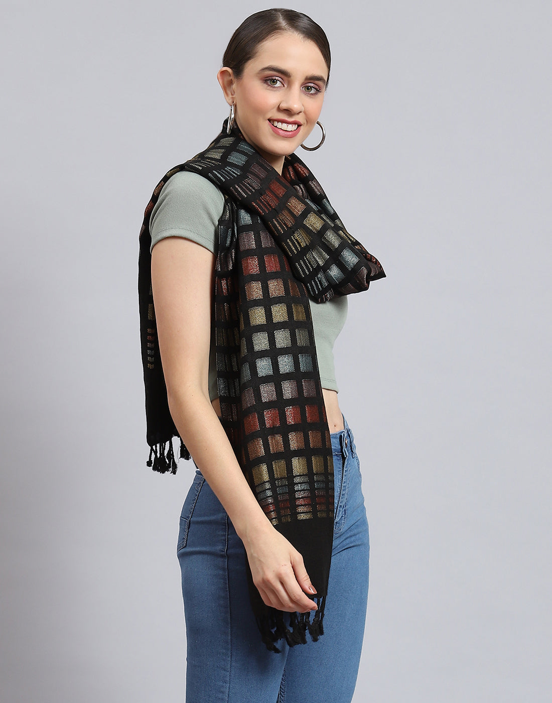 Women Black Self Design Stole