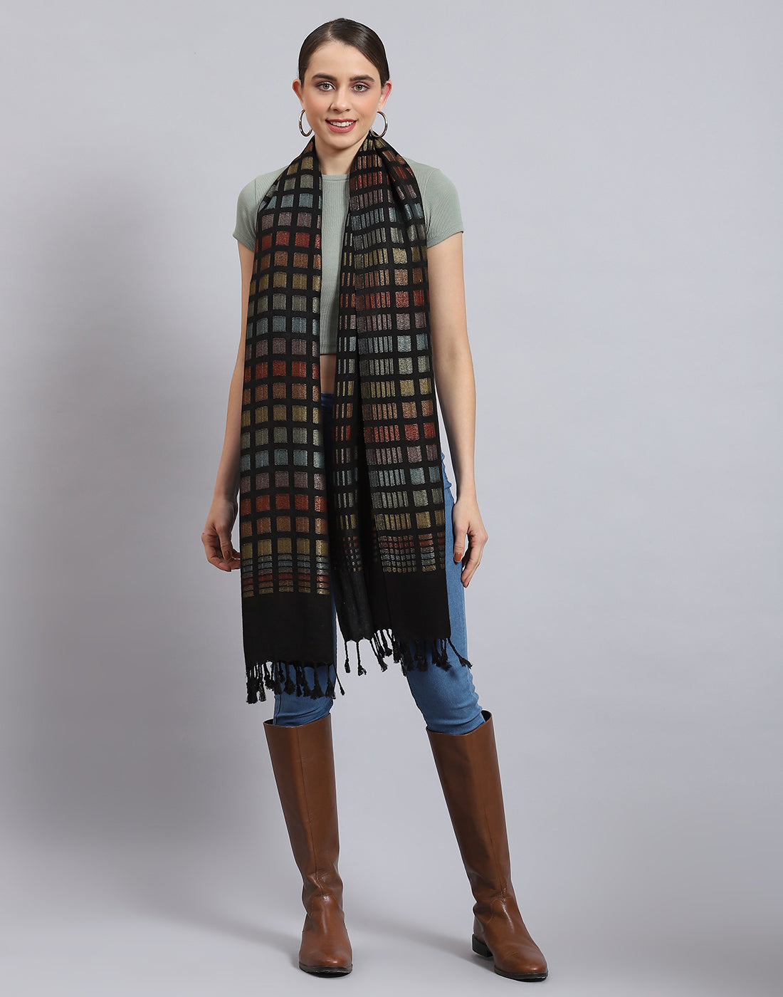 Women Black Self Design Stole