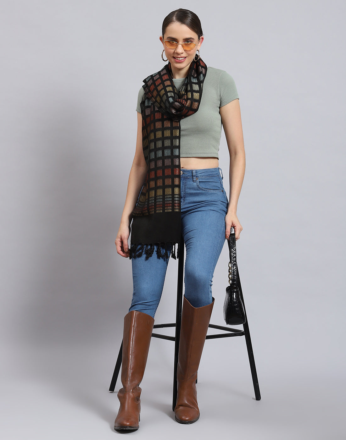 Women Black Self Design Stole