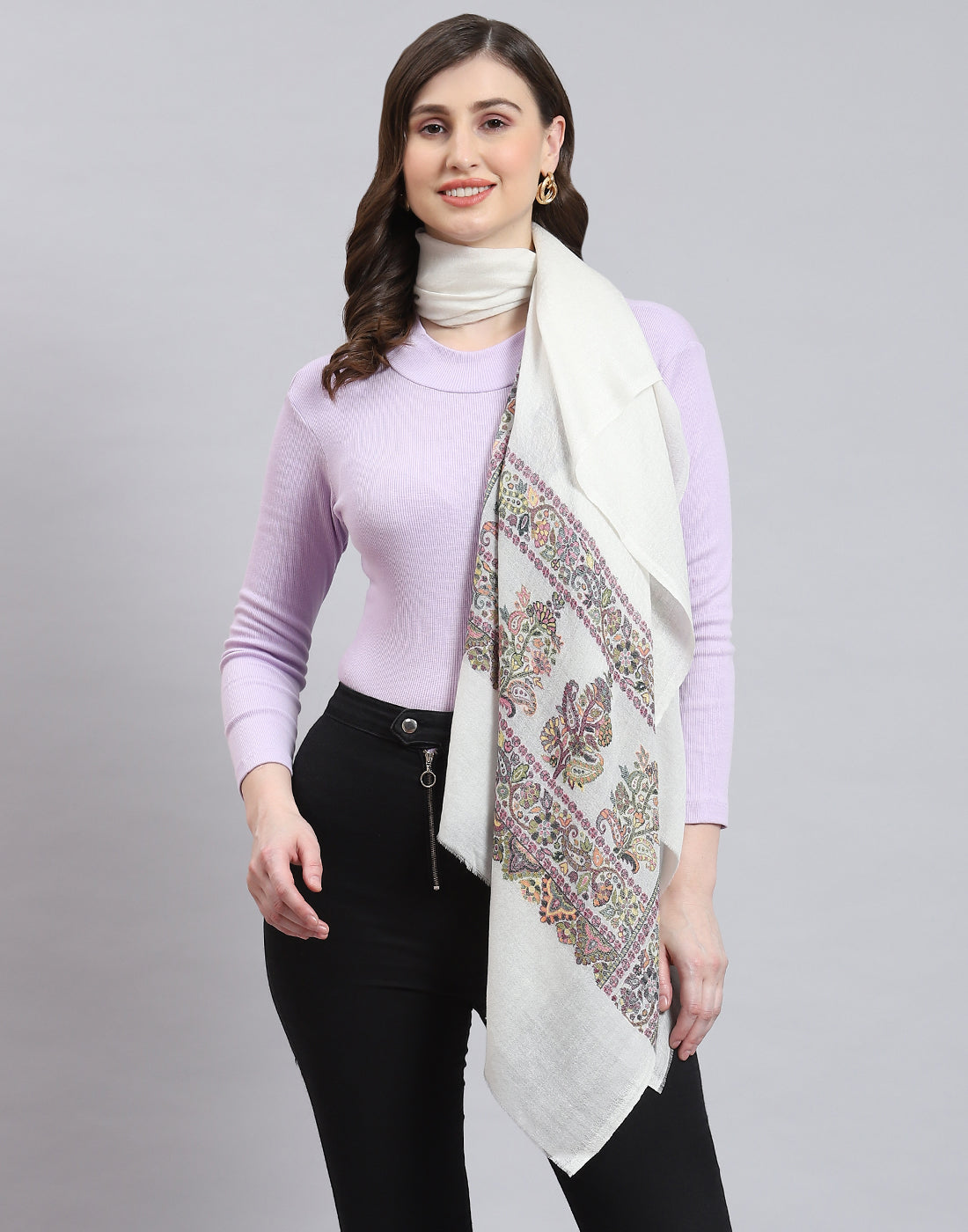 Women White Self Design Stole