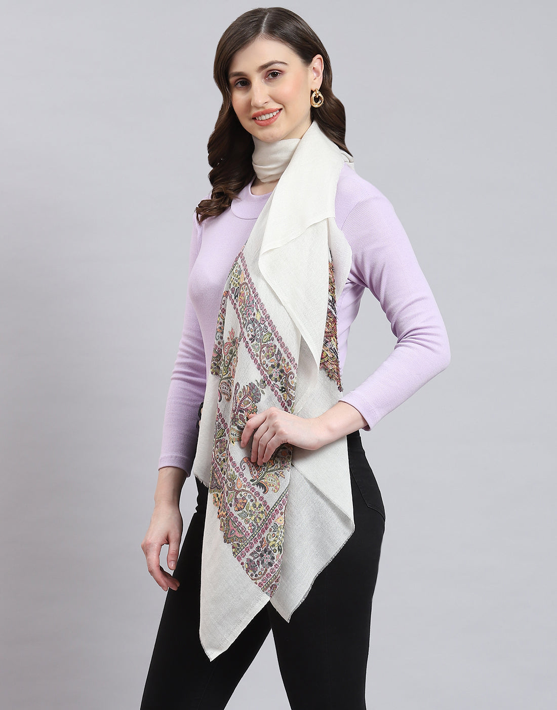 Women White Self Design Stole