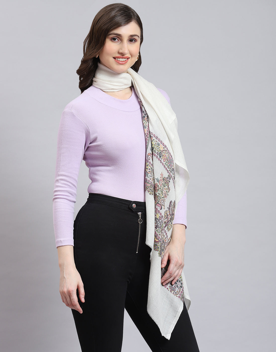 Women White Self Design Stole