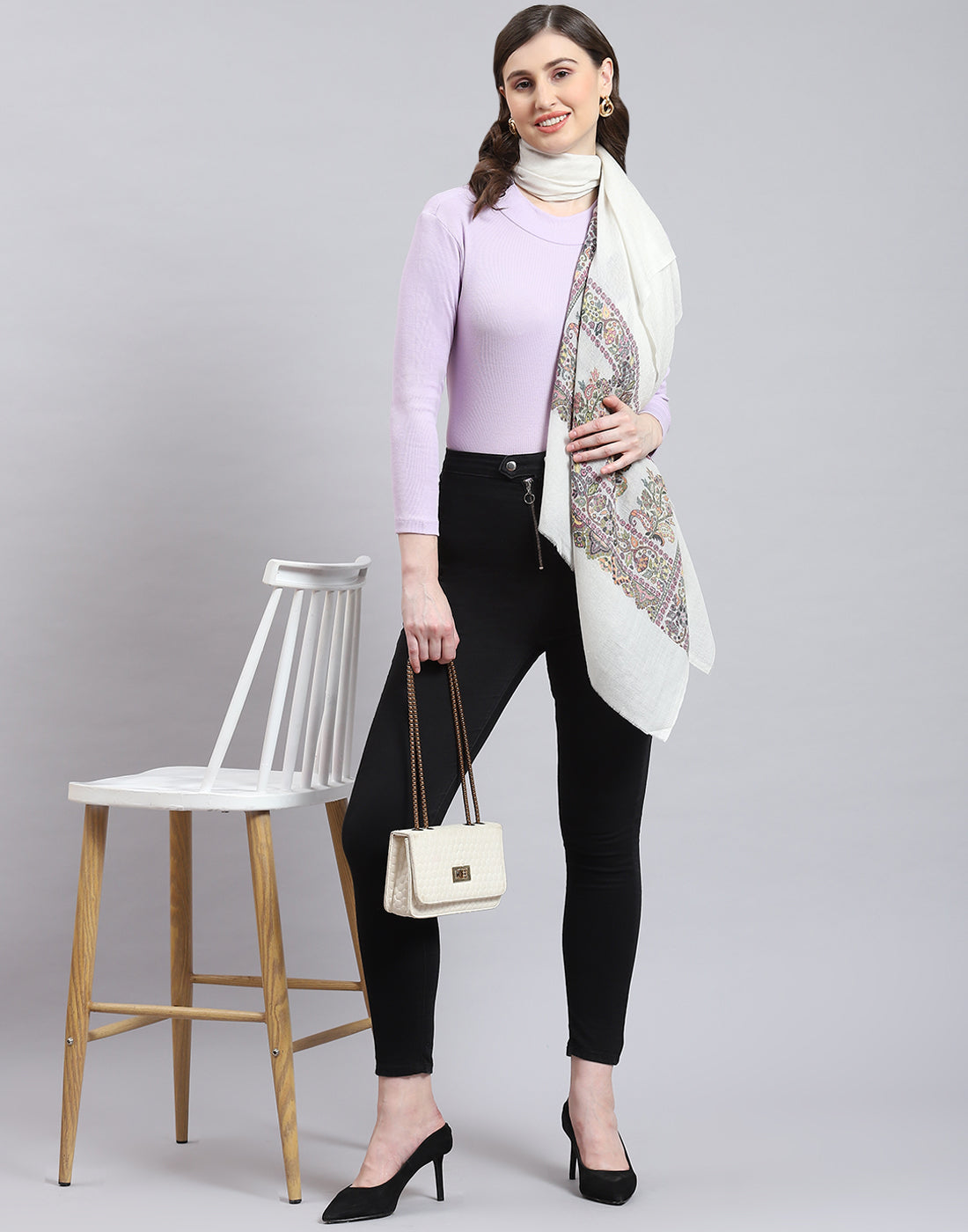 Women White Self Design Stole