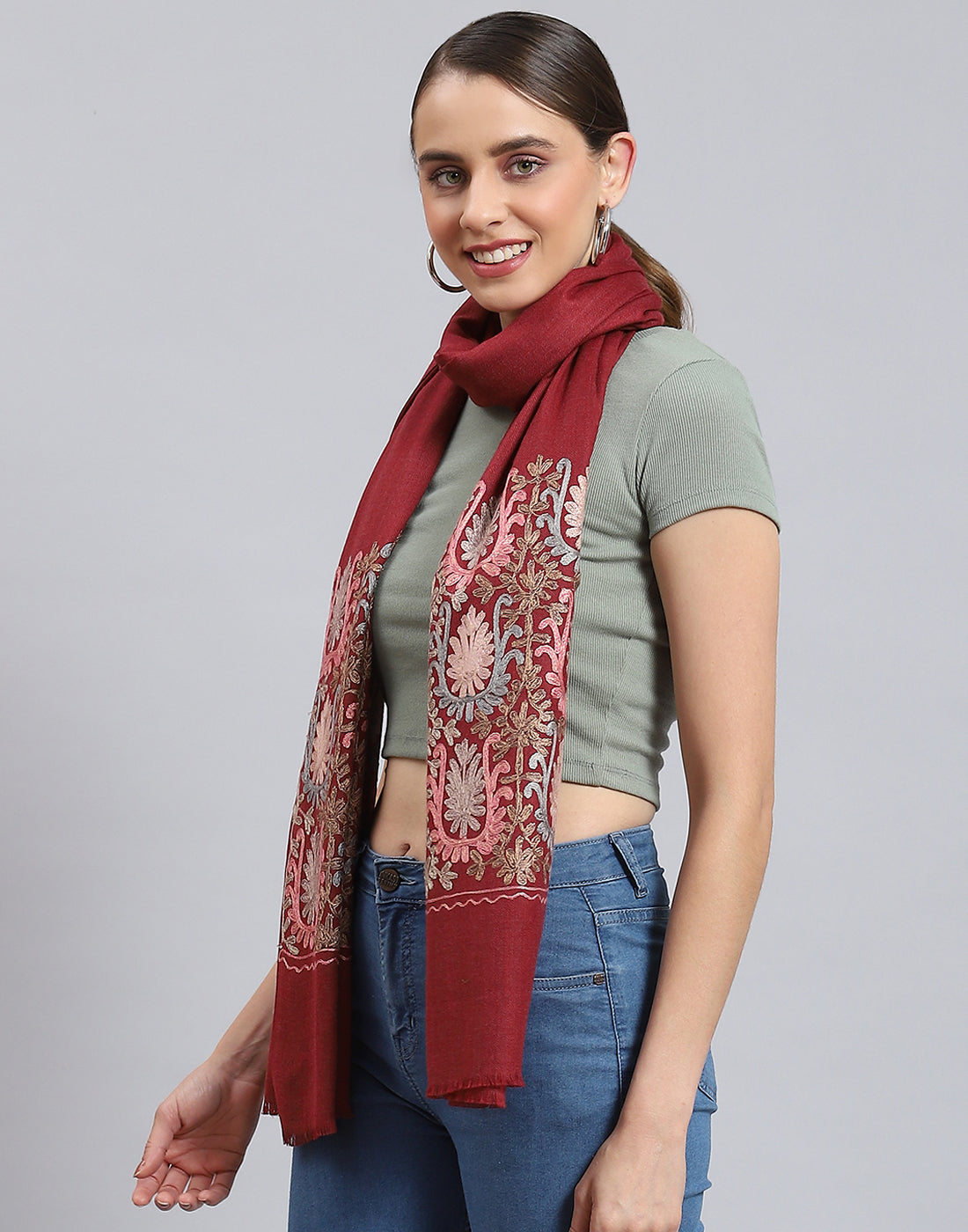 Women Maroon Self Design Stole