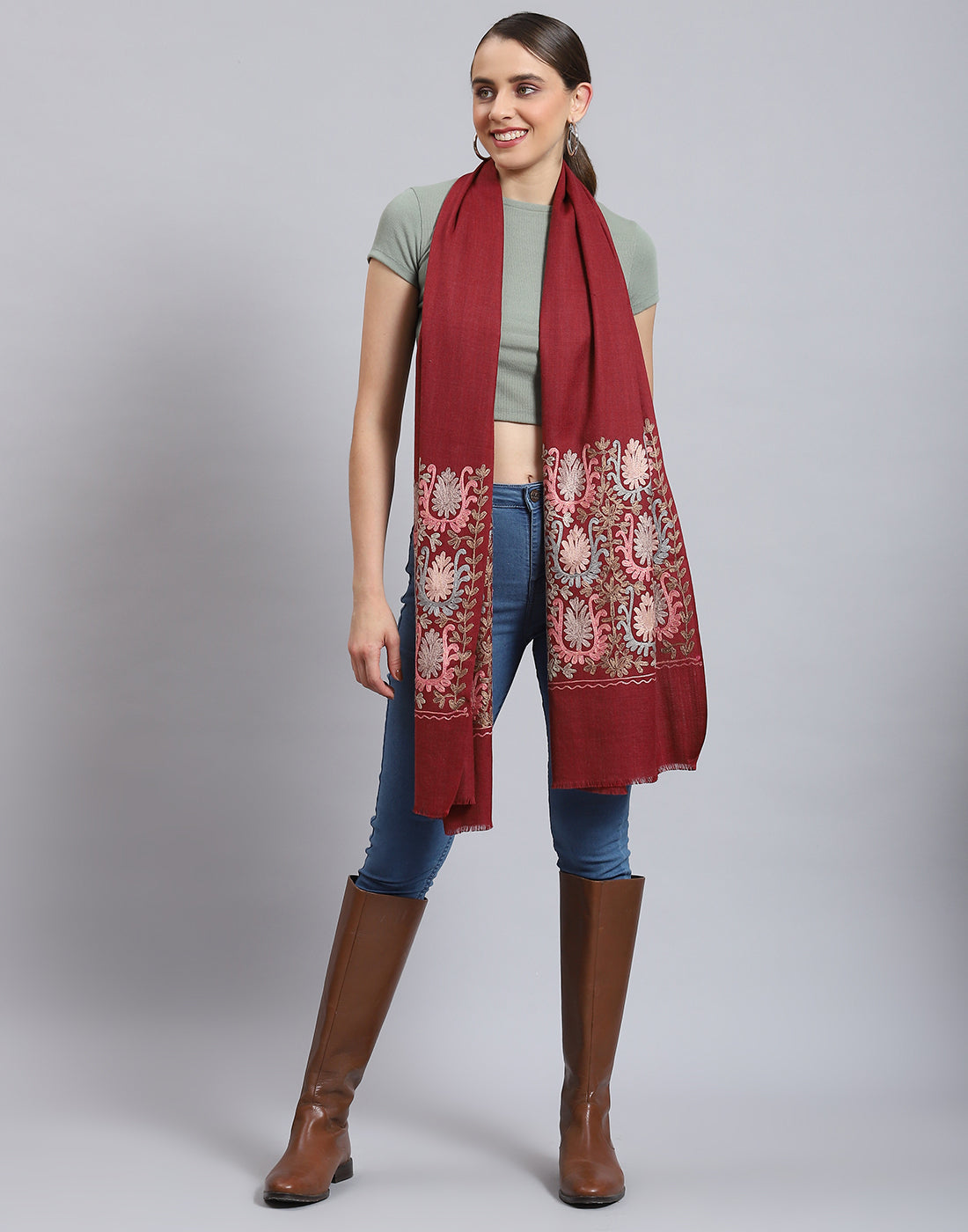 Women Maroon Self Design Stole