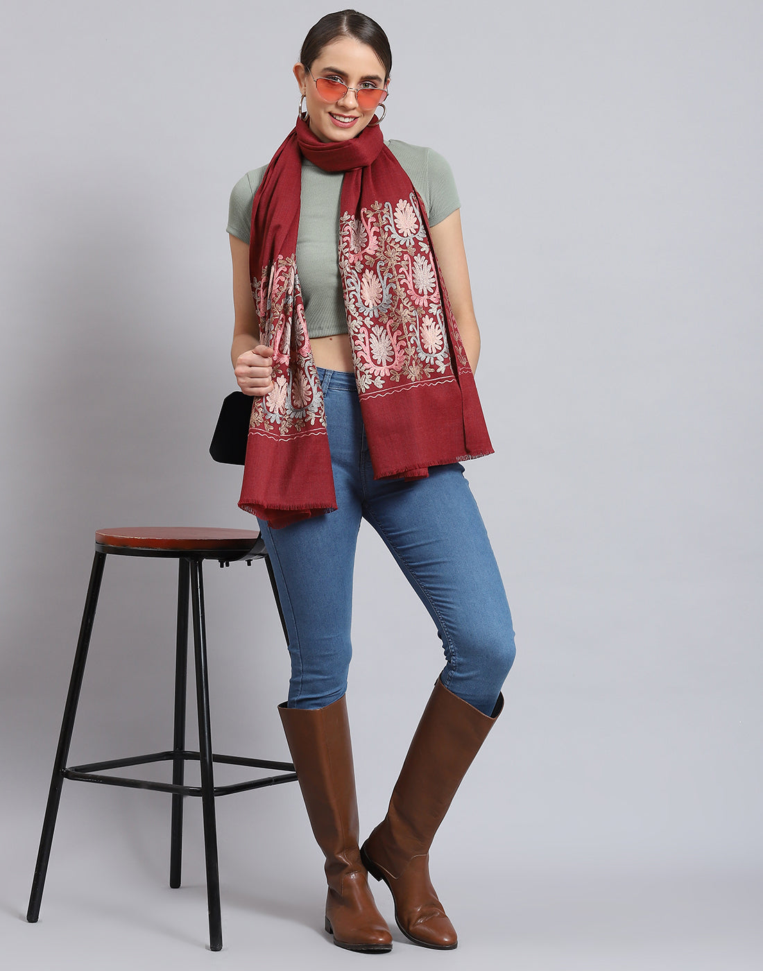 Women Maroon Self Design Stole