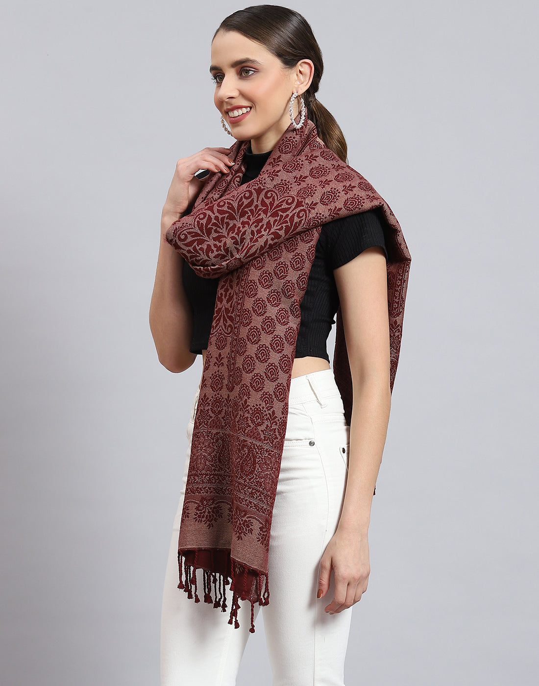 Women Red Self Design Stole