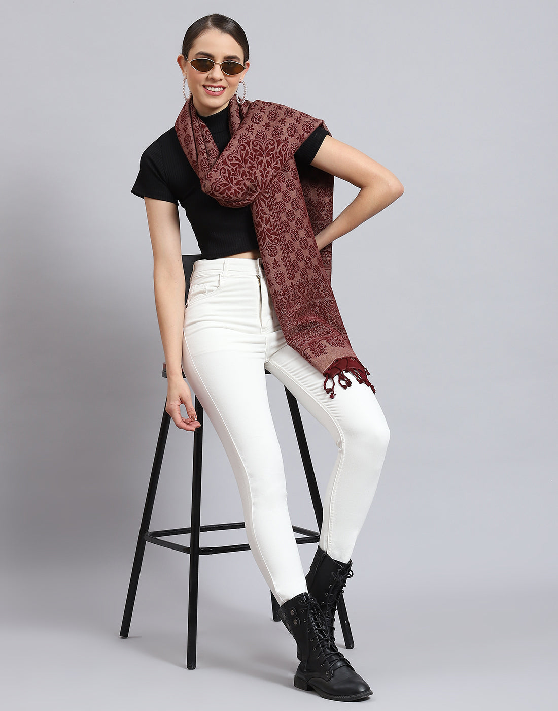 Women Red Self Design Stole