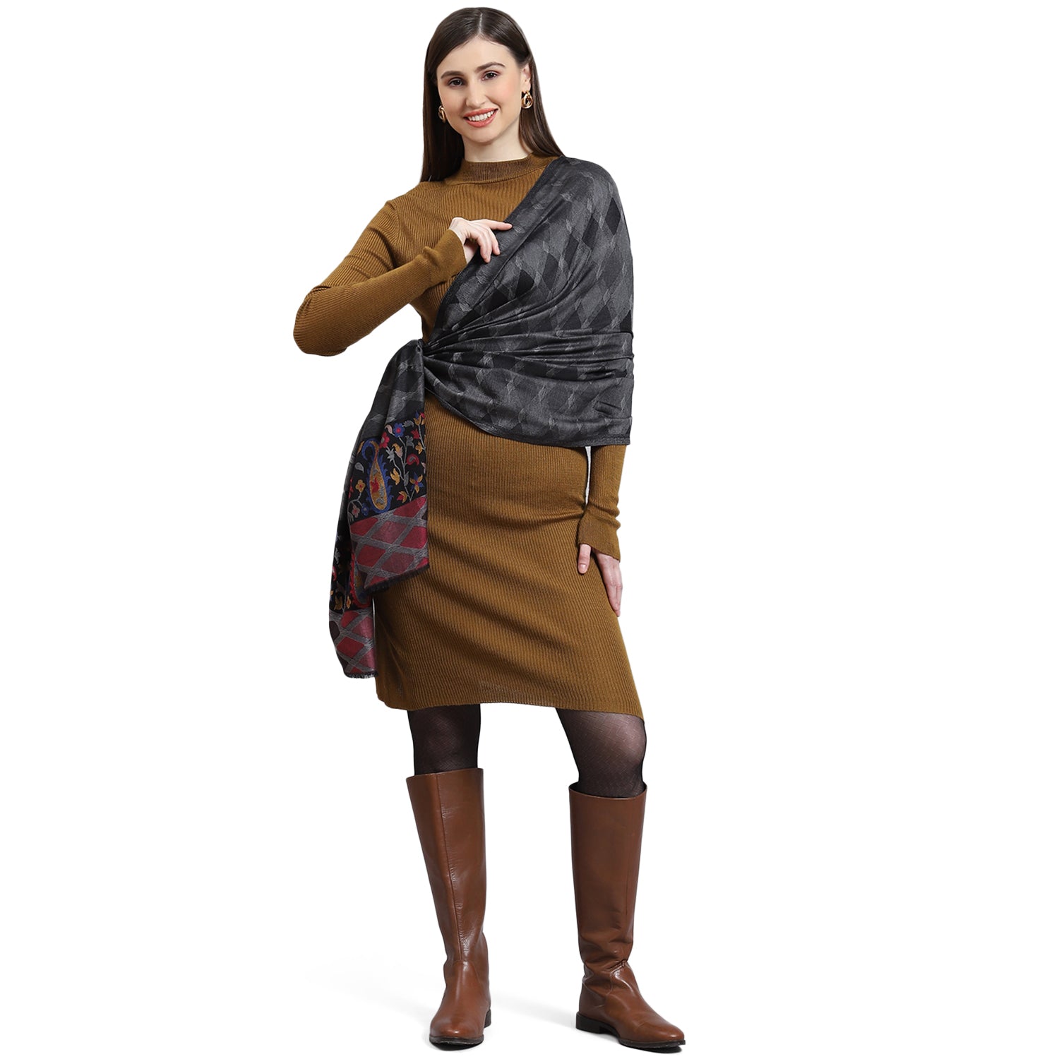 Women Grey Self Design Stole