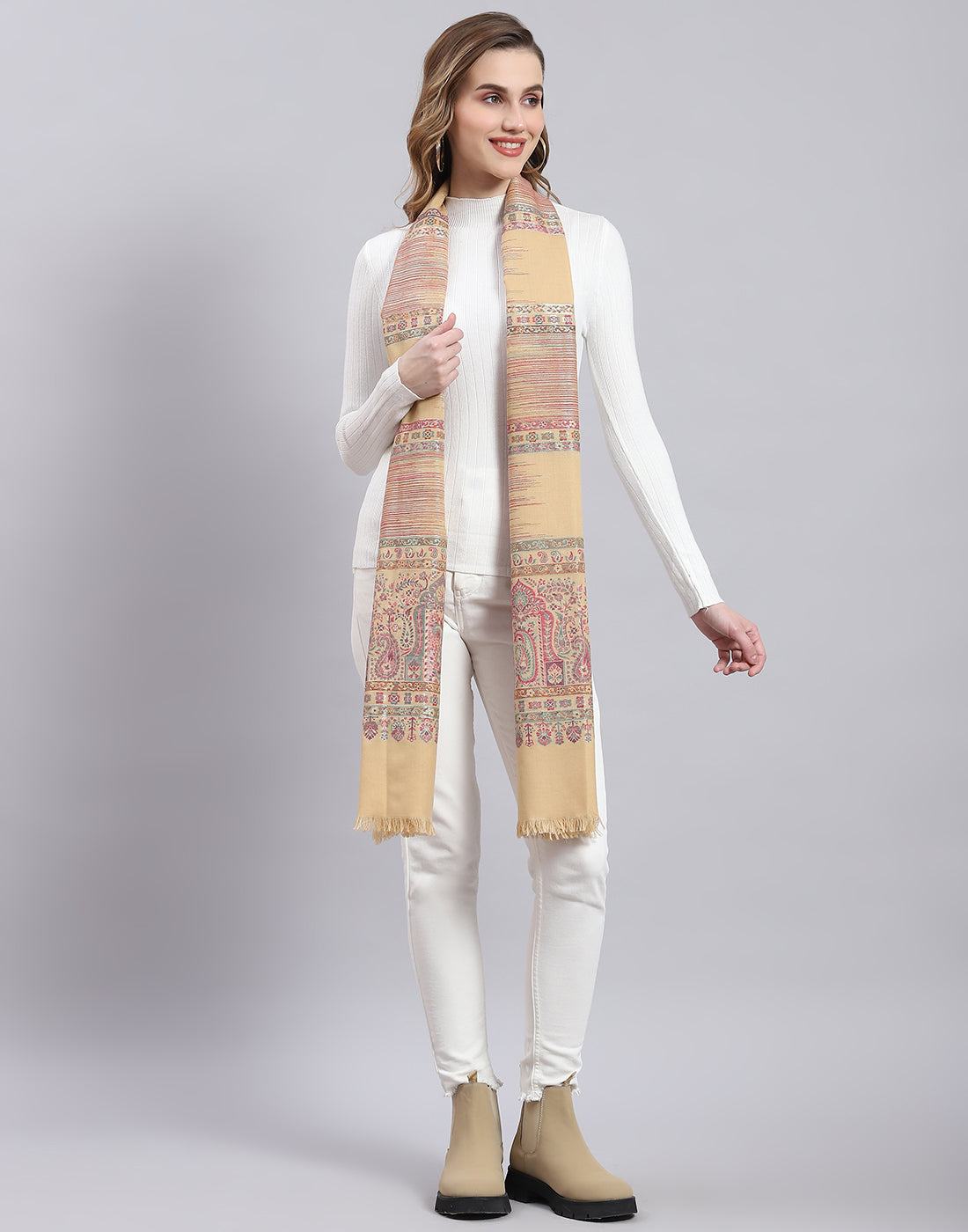 Women Beige Self Design Stole