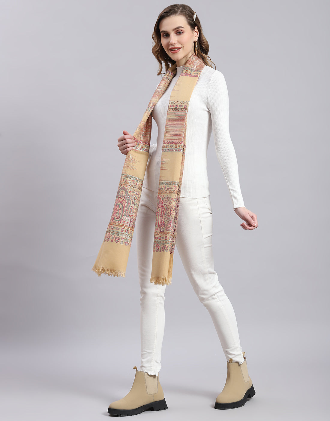 Women Beige Self Design Stole