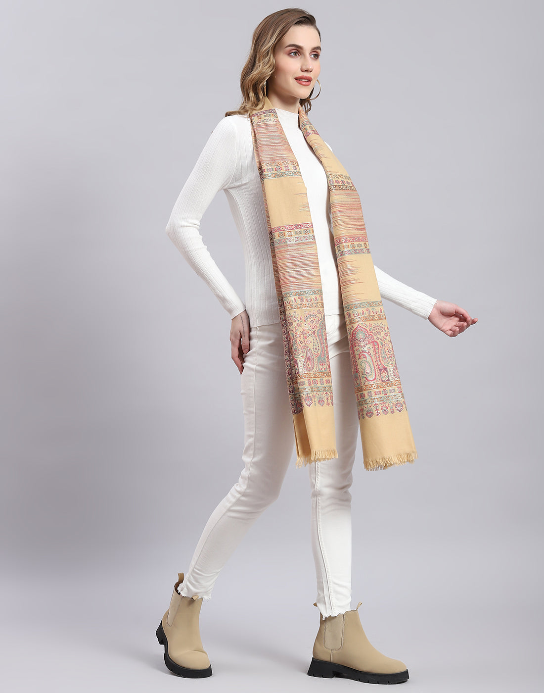 Women Beige Self Design Stole