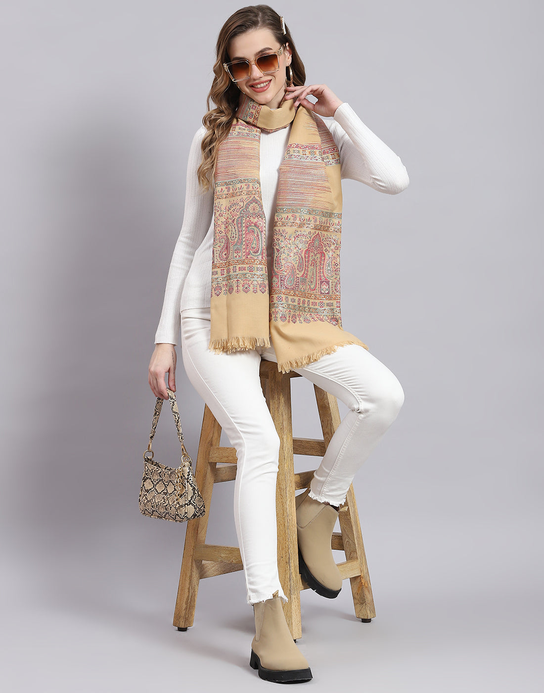 Women Beige Self Design Stole