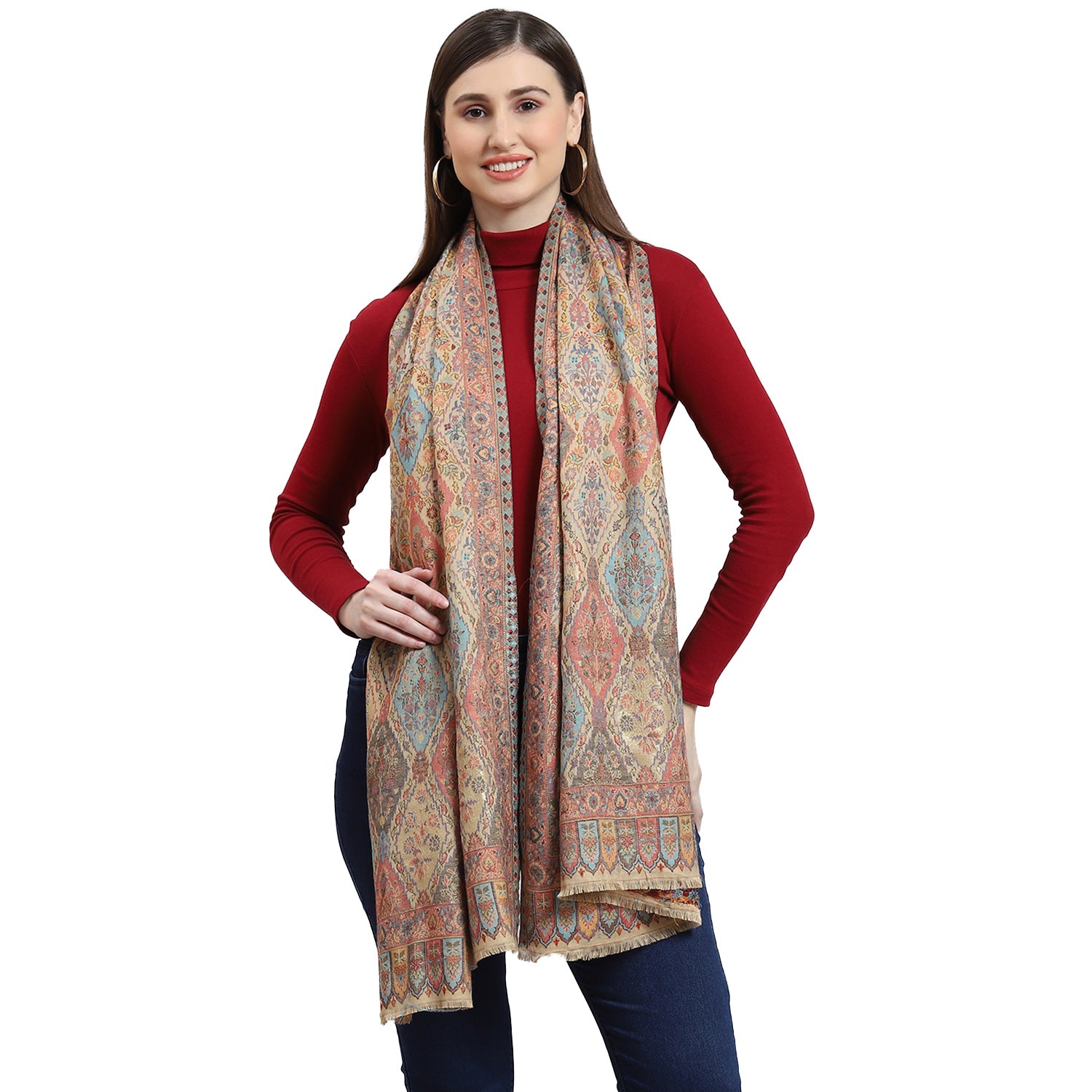 Women Beige Self Design Stole