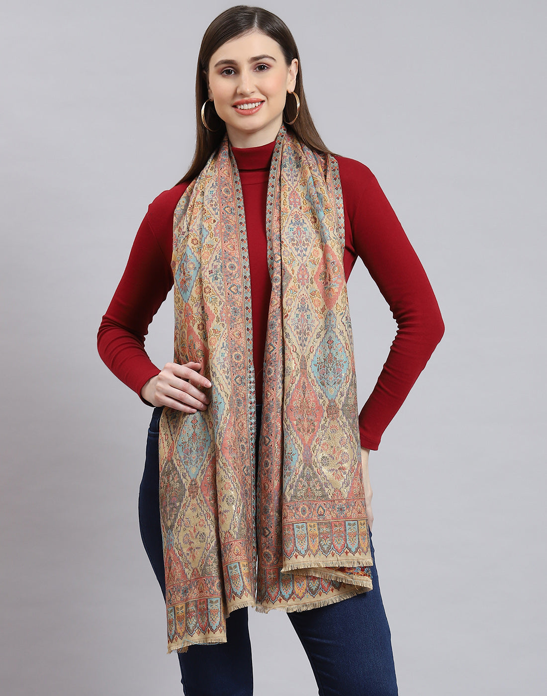 Women Beige Self Design Stole