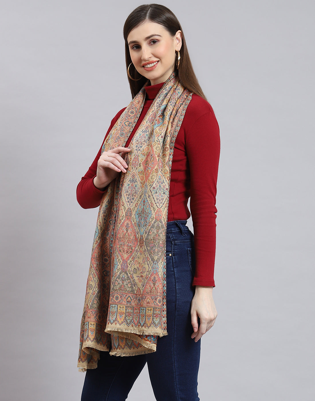 Women Beige Self Design Stole