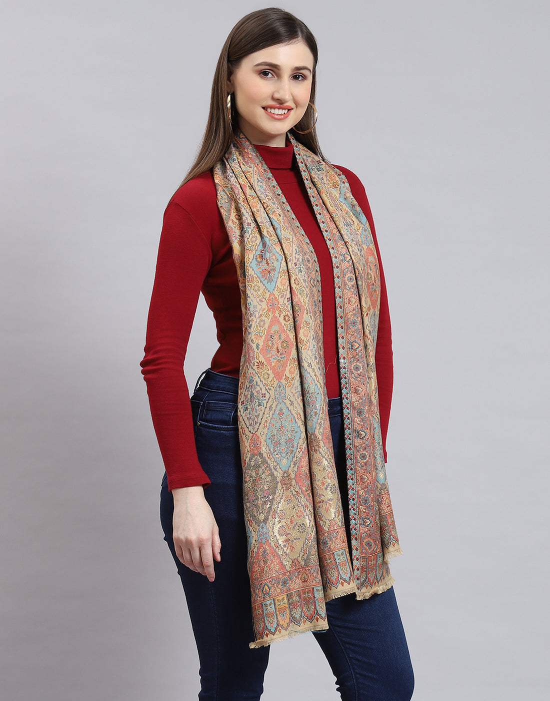 Women Beige Self Design Stole