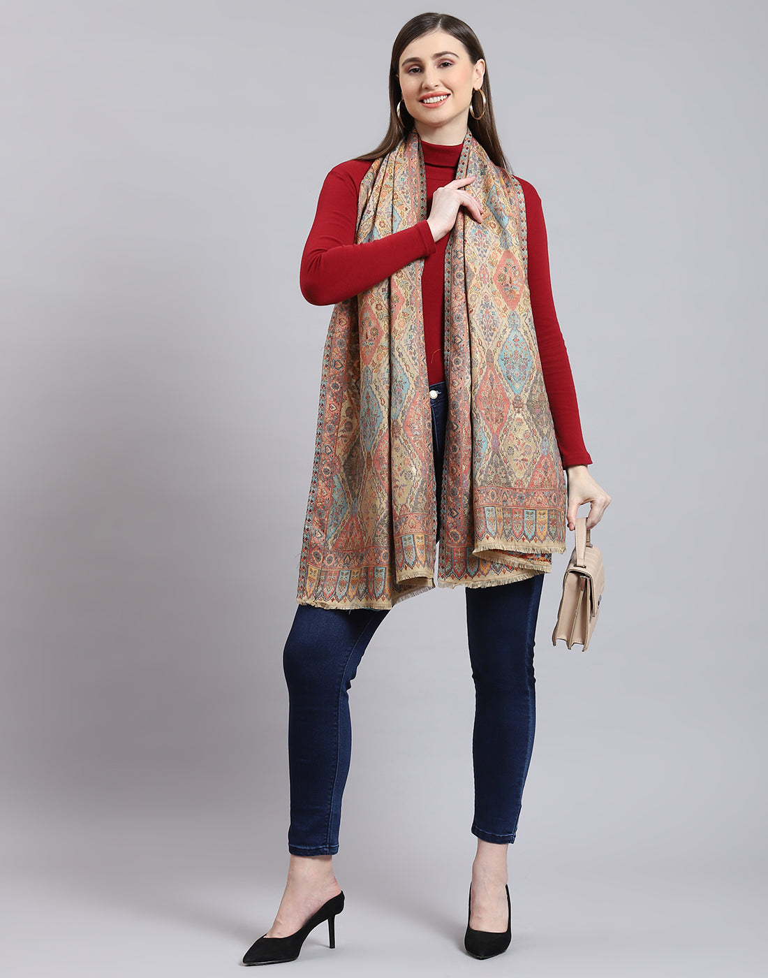 Women Beige Self Design Stole