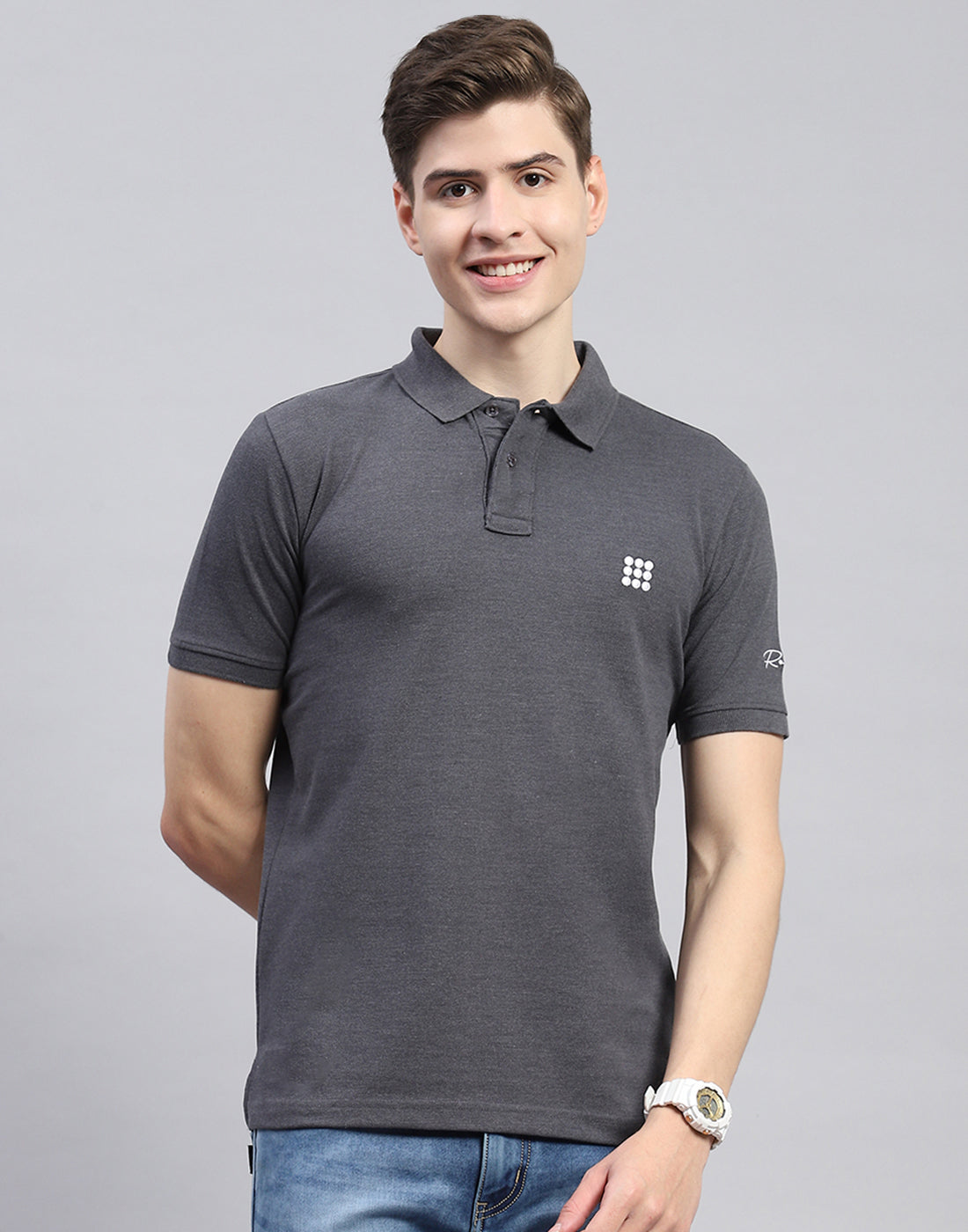 Rock.it Men Charcoal Solid Polo Collar Half Sleeve T-Shirt