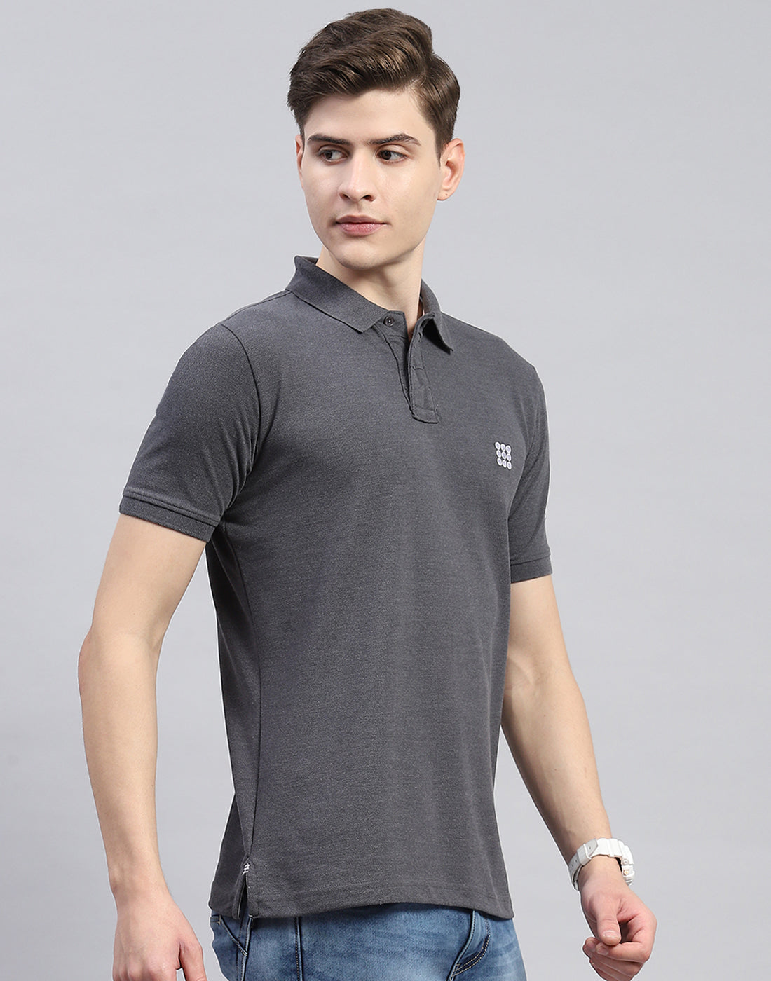 Men Charcoal Solid Polo Collar Half Sleeve T-Shirt