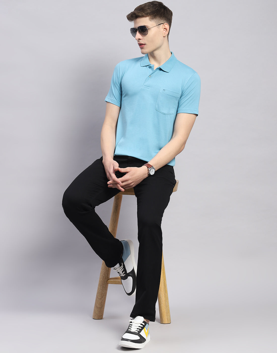 Men Blue Solid Polo Collar Half Sleeve T-Shirt