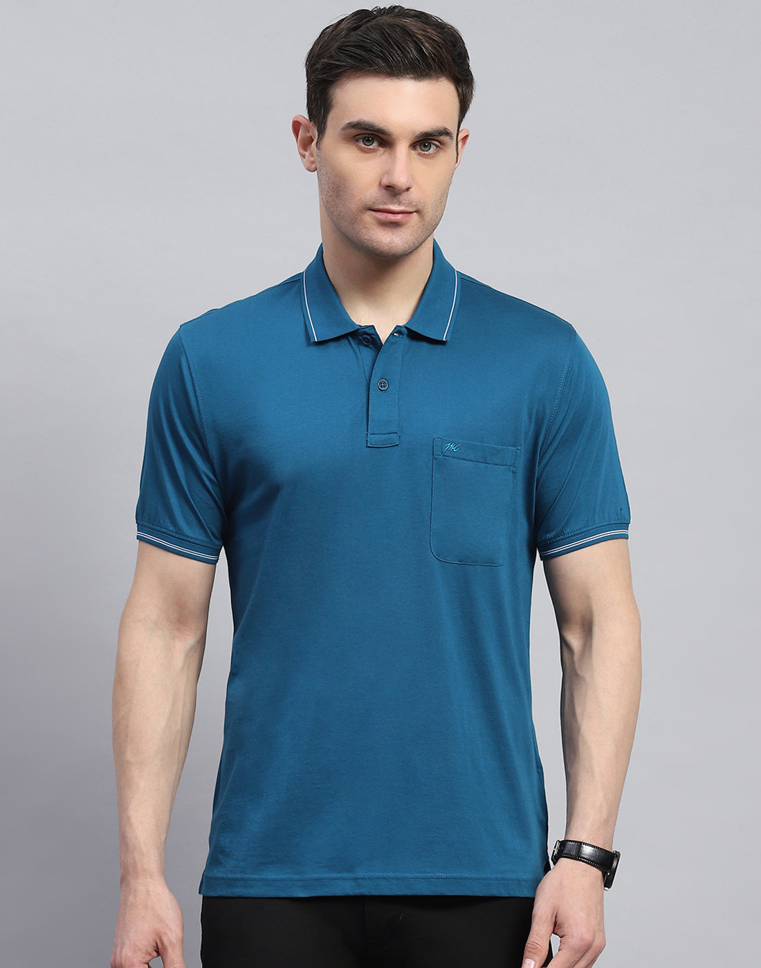 Men Teal Blue Solid Polo Collar Half Sleeve T-Shirt
