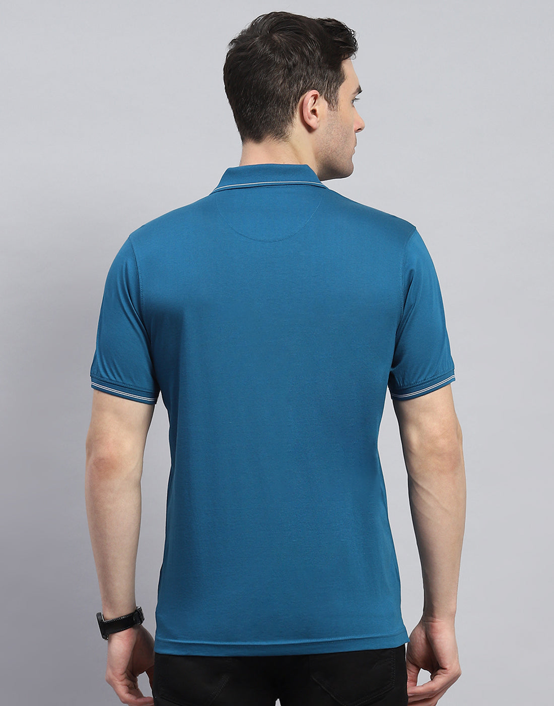 Men Teal Blue Solid Polo Collar Half Sleeve T-Shirt