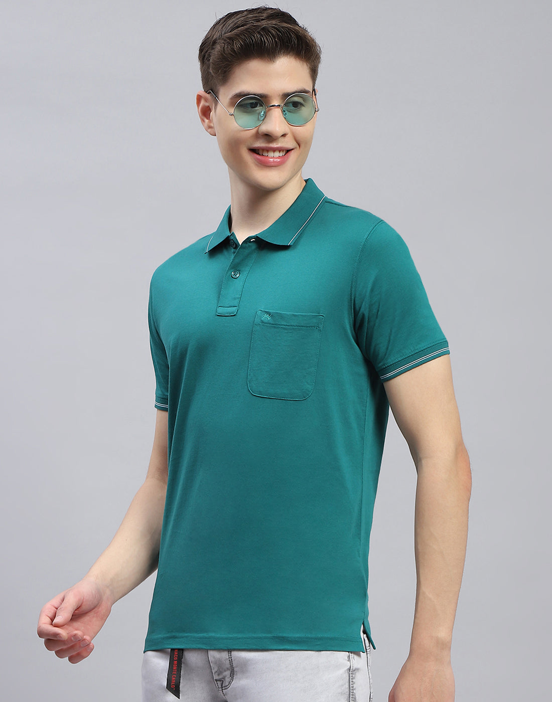 Men Teal Blue Solid Polo Collar Half Sleeve T-Shirt