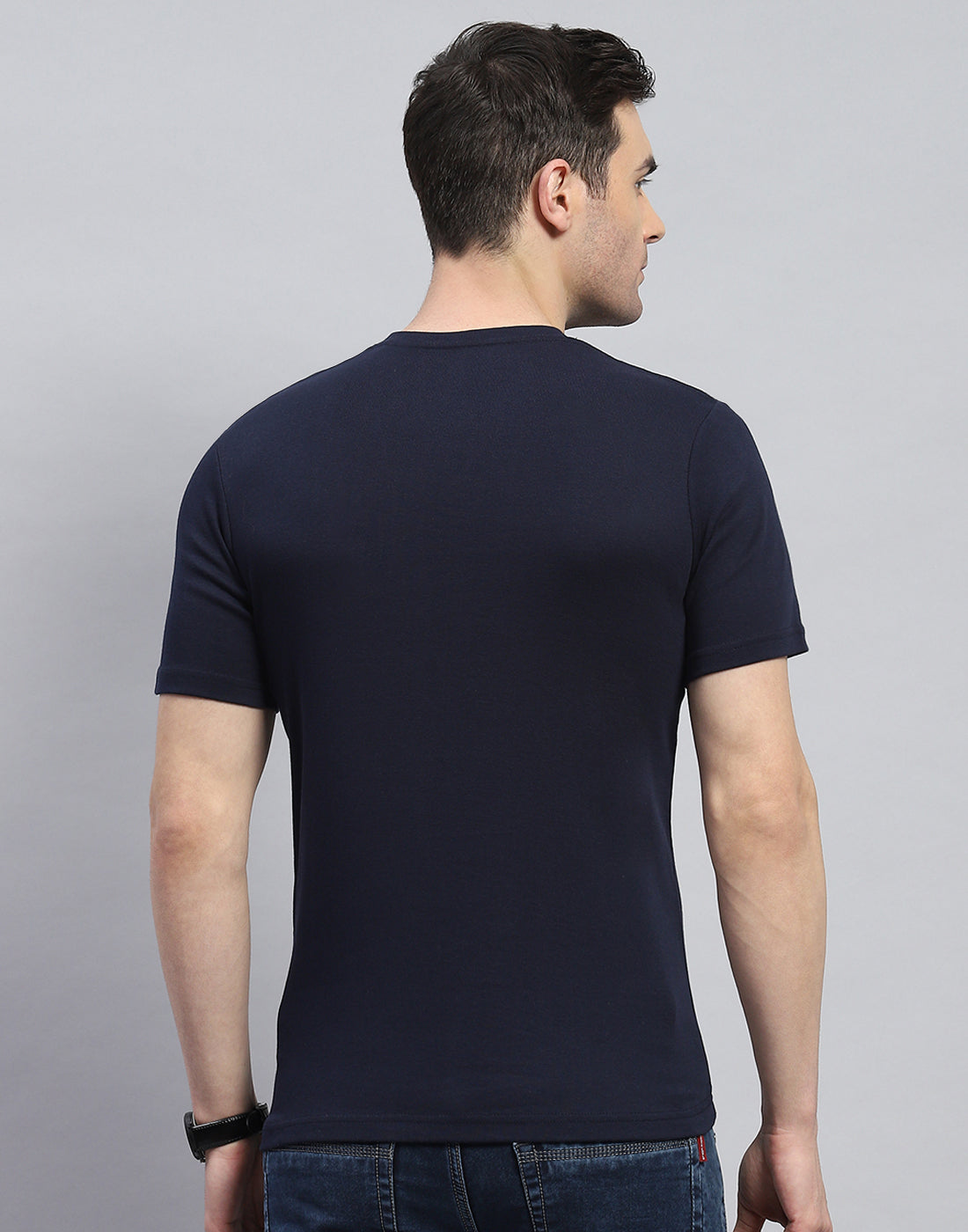 Men Navy Blue Solid V Neck Half Sleeve T-Shirt